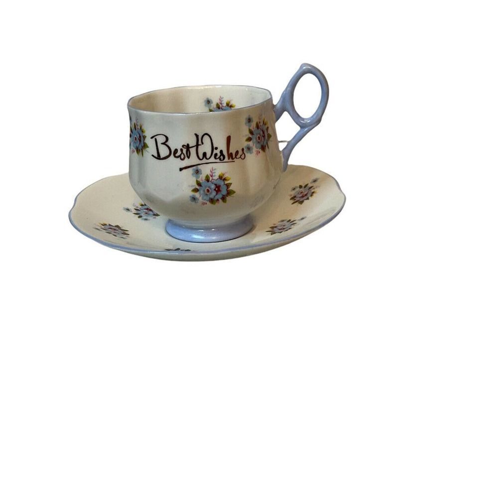 Rosina Fine Bone China Floral Blue White Best Wishes Teacup & Saucer England